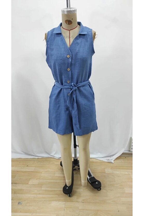 Kadın Sıfır Kollu Yakalı Düğmeli Belden Kuşaklı Kısa Keten Tulum