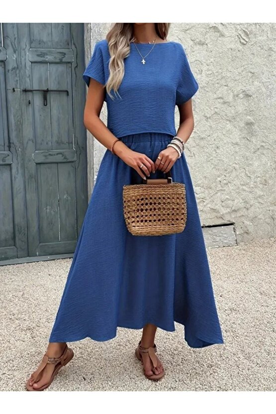 moda wanilia Kadın Kısa Kollu Bisiklet Yaka Bluz Etekli Ithal Keten Ikili Takım