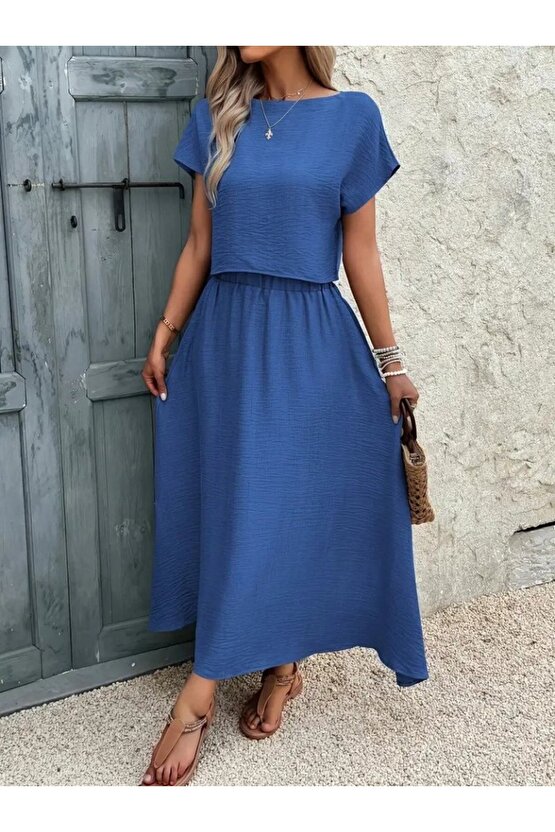 moda wanilia Kadın Kısa Kollu Bisiklet Yaka Bluz Etekli Ithal Keten Ikili Takım