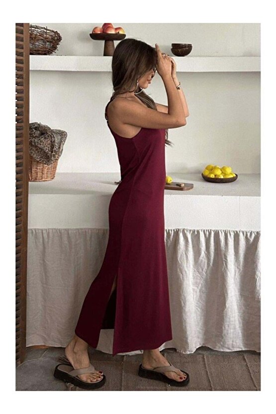 Kadın Siyah Asansör Askılı Çift Yırtmaçlı Helen Elbise