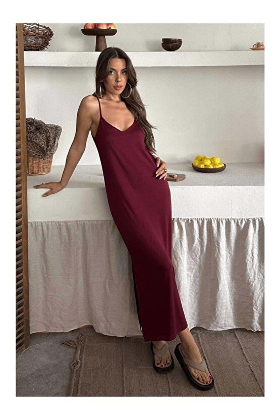 Kadın Siyah Asansör Askılı Çift Yırtmaçlı Helen Elbise