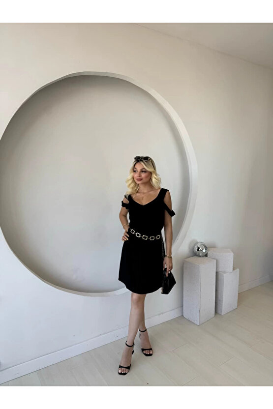 Kadın Siyah Asansör Askılı Çift Yırtmaçlı Helen Elbise