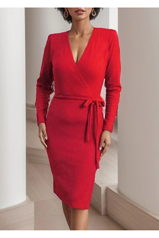 Kadın Uzun Kollu Kruvaze Yaka Bağcık Detay Akrilik Mini Boy Elbise