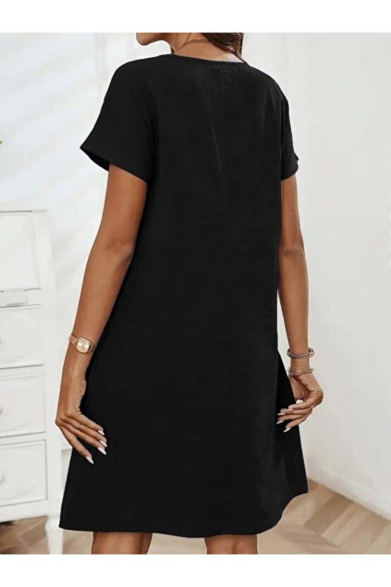 Kadın Kısa Kollu Yakası Açık Fermuarlı Cep Detaylı Ithal Keten Elbise