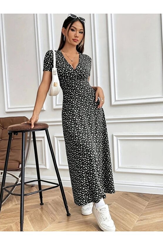 Kadın Kısa Kollu Kruvaze Yakalı çiçek Desenli Süprem Elbise