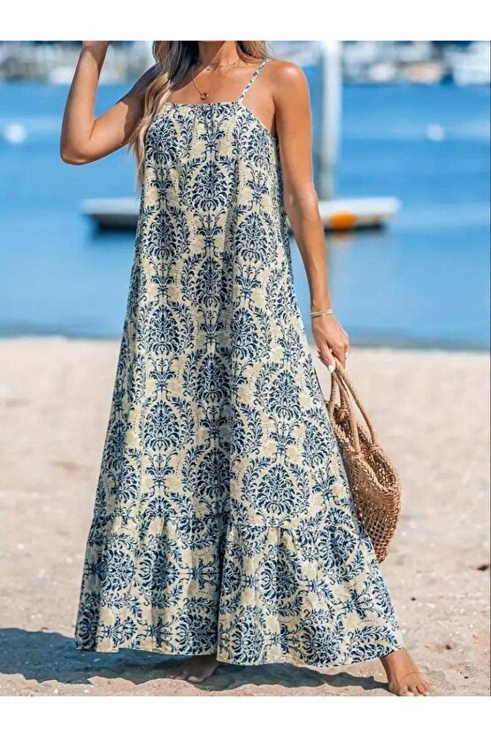 Kadın Ip Askılı Desenli Fırfırlı Süprem Elbise