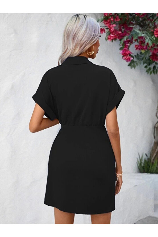 MDB Kadın Kısa Kollu Yakalı Yandan Bağlamalı Dokuma Elbise
