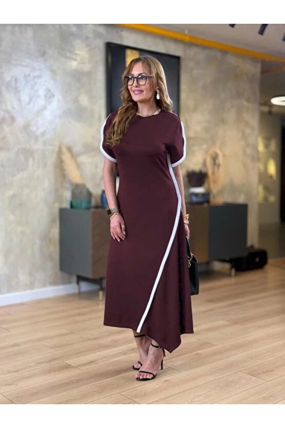 Kadın Kısa Kollu Bisiklet Yaka çift şerit Renk Detaylı Asimetrik Kesim Viskon Iki Iplik Elbise