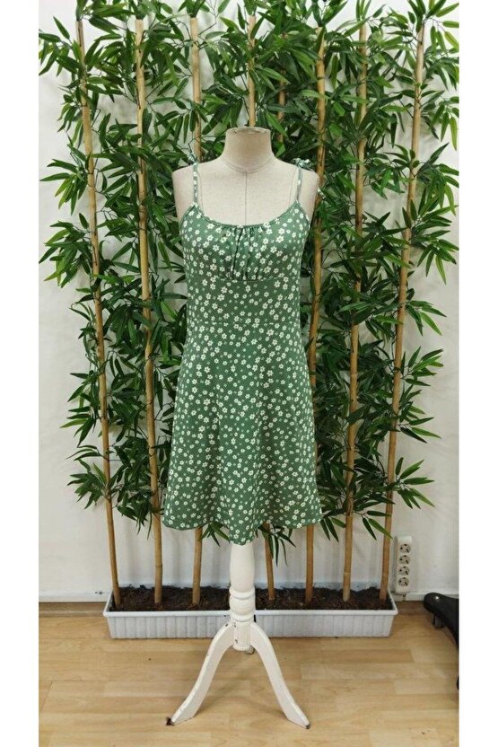 Kadın Ip Askılı Omuzlardan Bağcıklı çiçek Desenli Süprem Elbise