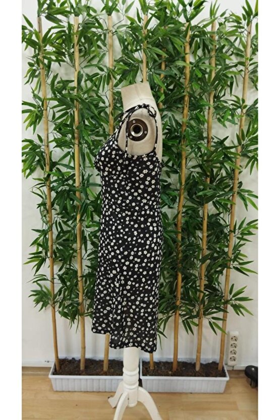 Kadın Ip Askılı Omuzlardan Bağcıklı çiçek Desenli Süprem Elbise