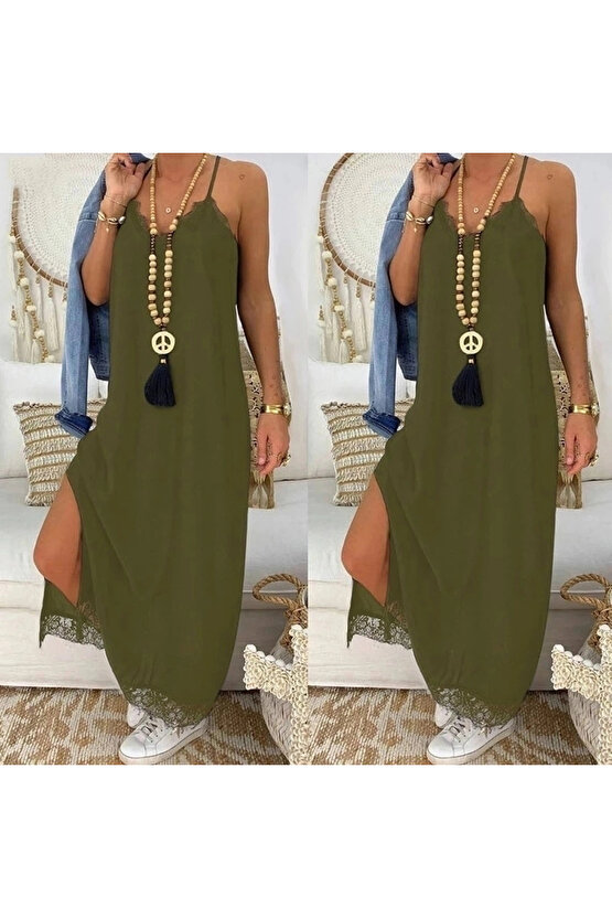 Kadın Haki Dantel Detay Viskon Elbise 3798