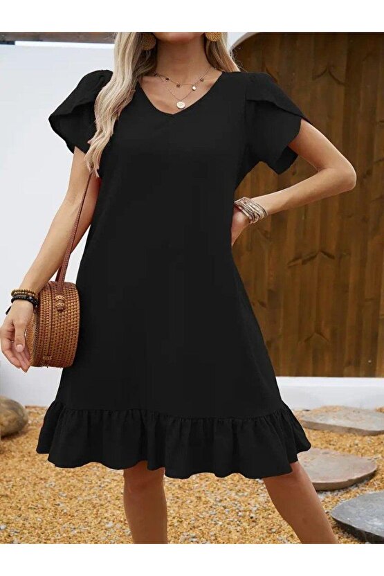 Kadın Kısa Kollu Bisiklet Yaka Fırfırlı Aerobin Elbise