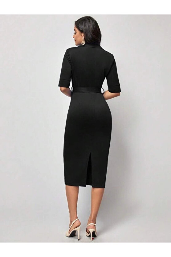 Kadın Kısa Kollu Yakalı Kruvaze Yakalı Beli Kemerli Midi Modal Elbise