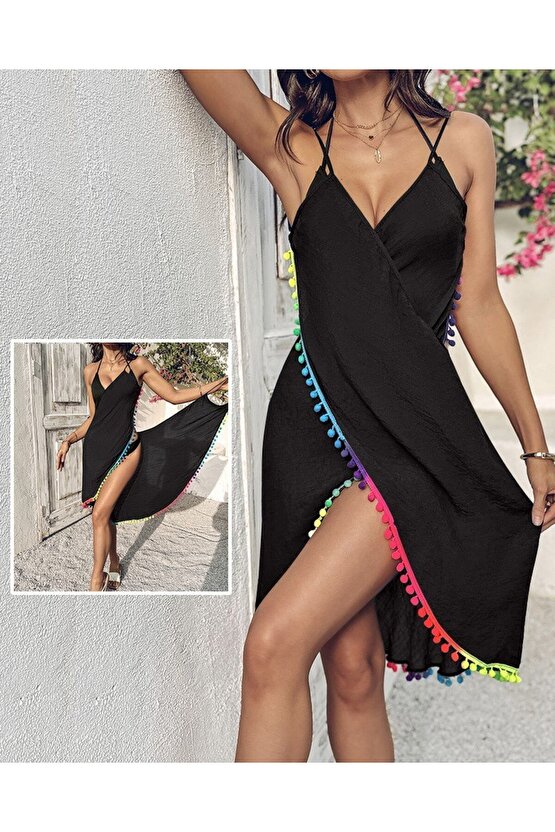 Kokosh Moda Kadın Askılı Derin V Yakalı çapraz Geçmeli Ponponlu Bürümcük Pareo