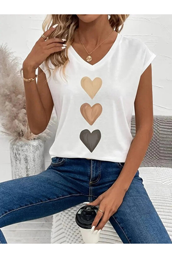 Kadın Kısa Kollu V Yakalı Kalp Desen Viskon Bluz