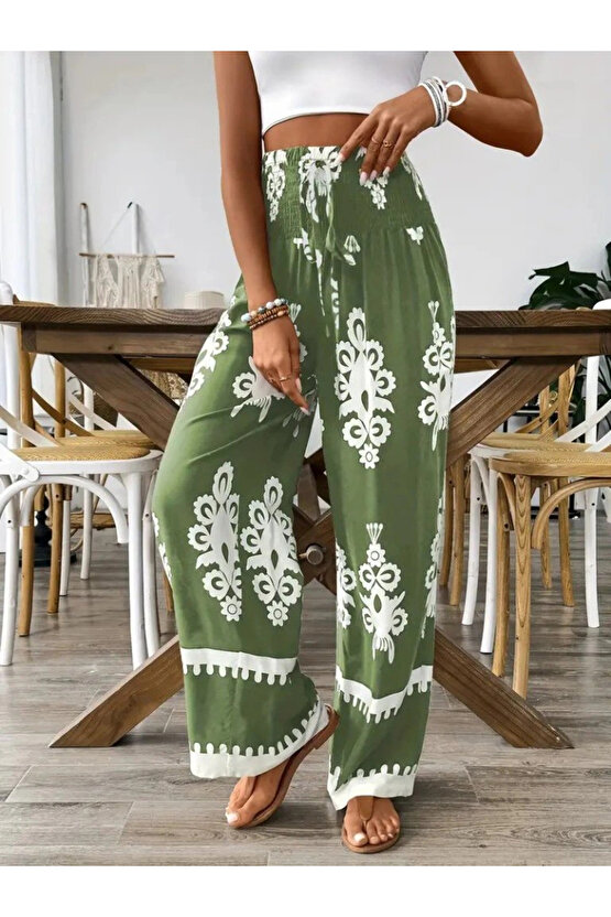 Kadın Yüksek Bel Büzgülü Etnik Desen Baskılı Süprem Pantolon