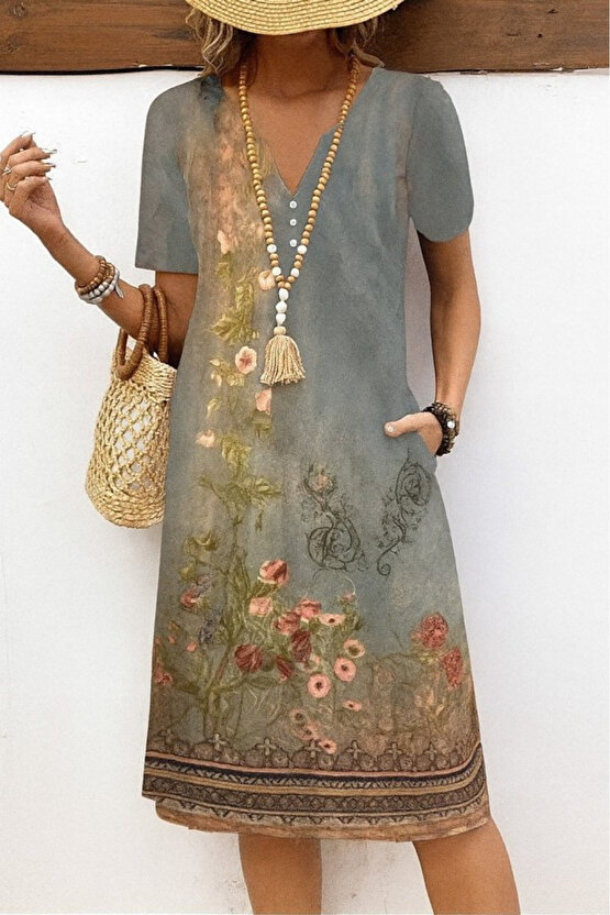 eyesof Kadın Kısa Kollu V Yakalı Desenli Süprem Elbise