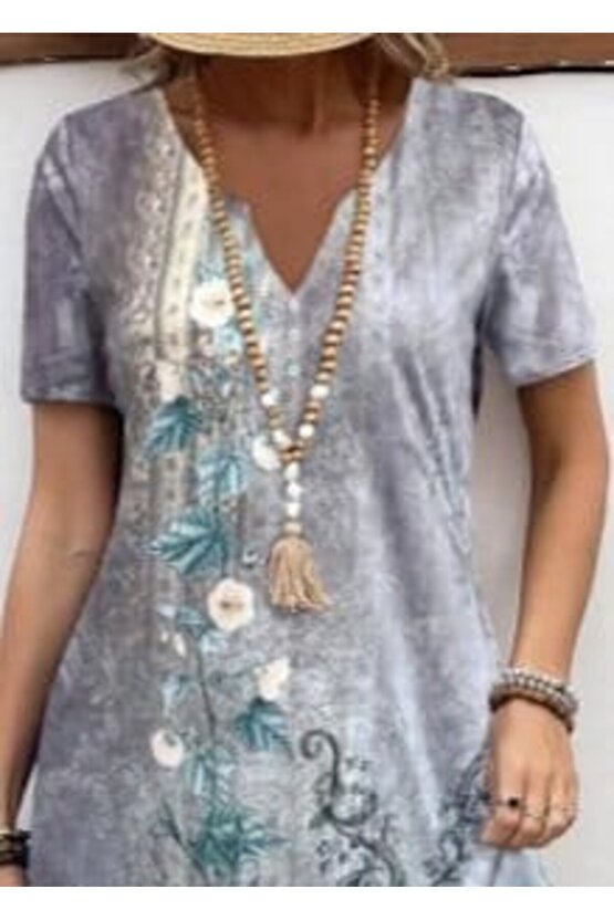 eyesof Kadın Kısa Kollu V Yakalı Desenli Süprem Elbise