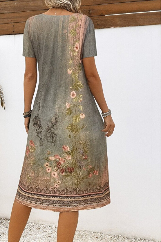 eyesof Kadın Kısa Kollu V Yakalı Desenli Süprem Elbise