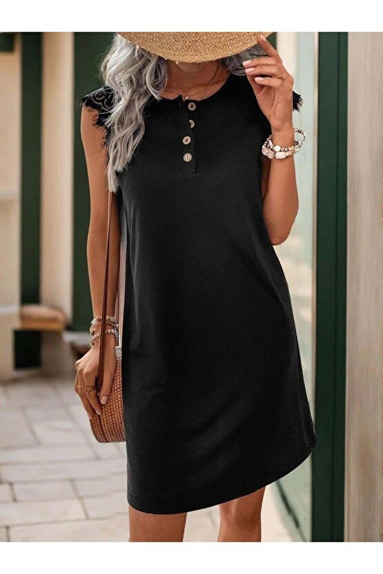 Kadın Kısa Dantel Kollu önden Düğmeli Viskon Elbise