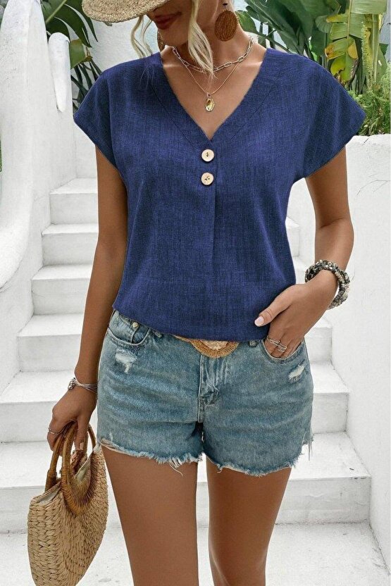 Kadın Kısa Kollu V Yakalı Düğmeli Keten Bluz