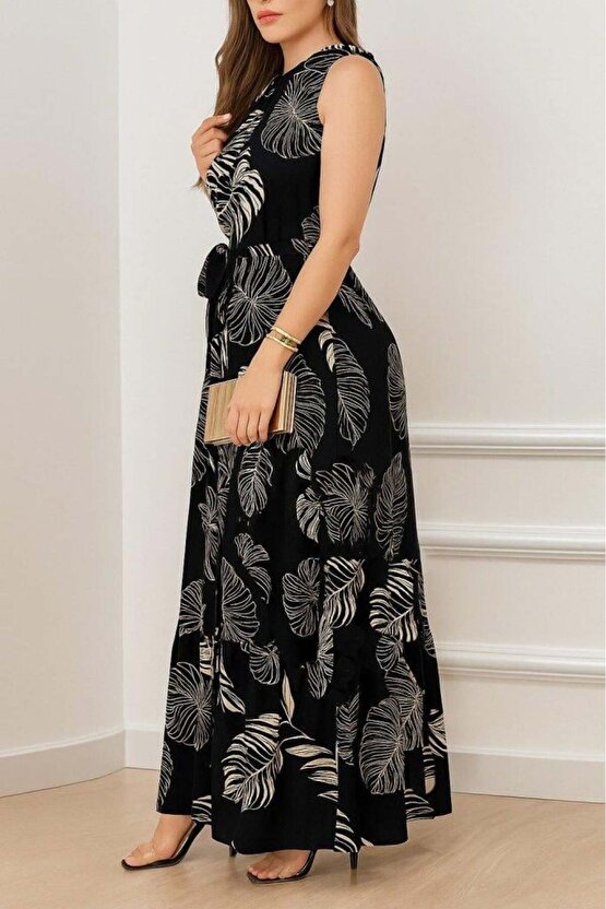 Kadın Sıfır Kok Bağcıklı Kemerli Etek Ucu Fırfırlı Desenli Süprem Elbise