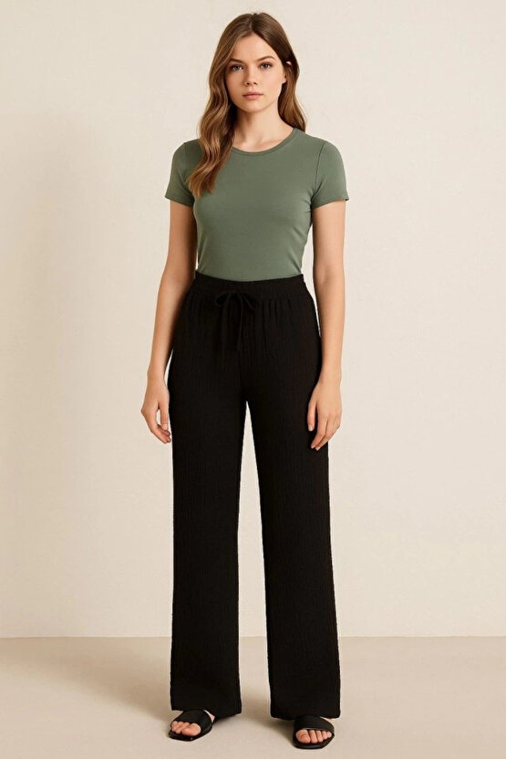 Kadın Beli Lastikli Pol Paça Pantolon