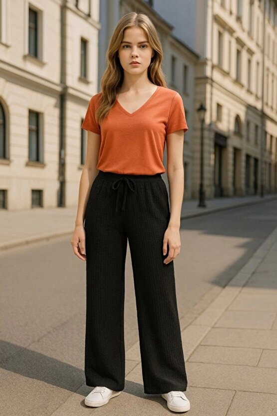 Kadın Beli Lastikli Pol Paça Pantolon