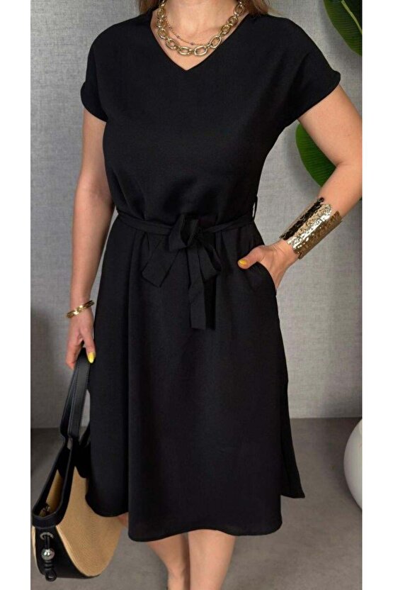 Kadın Kısa Kollu V Yakalı Beli Kuşaklı Ithal Keten Elbise