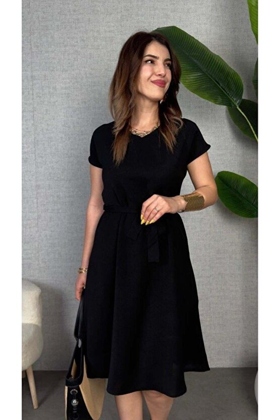 Kadın Kısa Kollu V Yakalı Beli Kuşaklı Ithal Keten Elbise