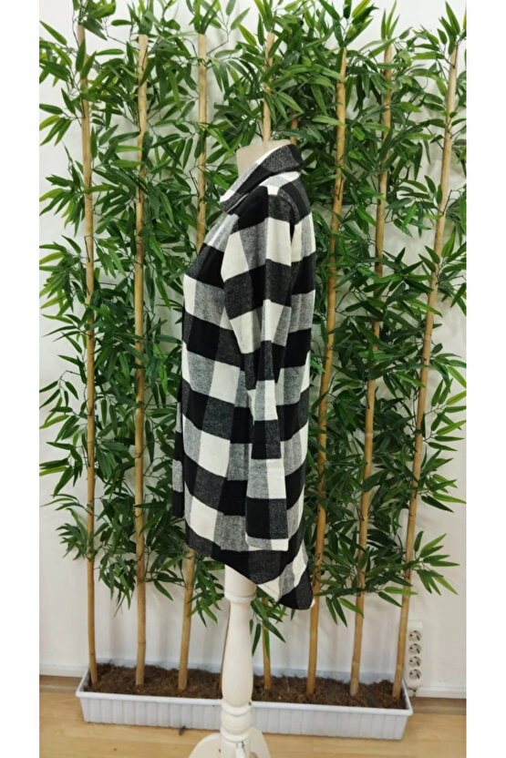 Kadın Uzun Kollu Ekoseli önden Düğmeli Dokuma Uzun Gömlek