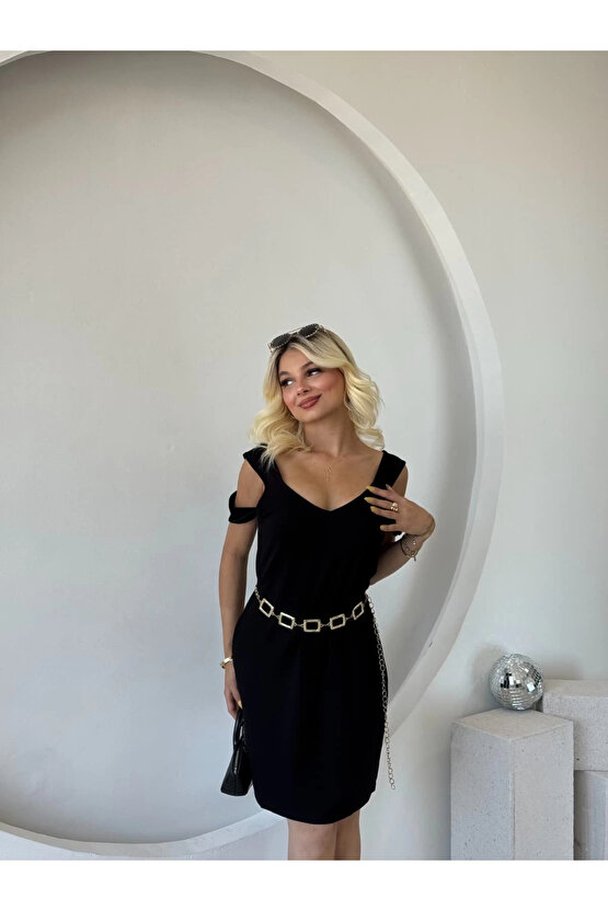 Kadın Askılı Soğuk Omuz Detaylı Modal Elbise