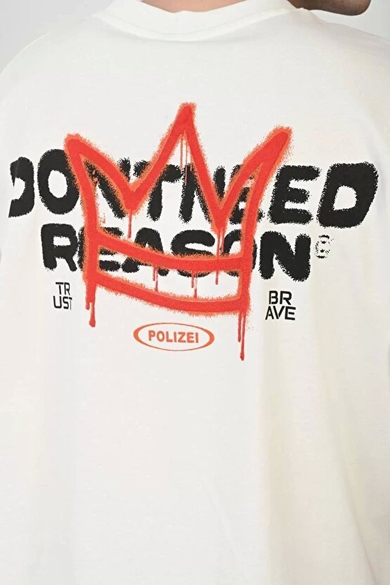 Unisex Bisiklet Yaka Baskılı Oversize T-Shirt - Beyaz