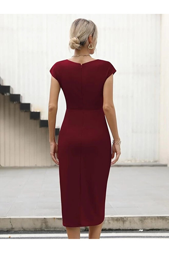 MDB Kadın Yarım Ay Kollu Bisiklet Yaka Yandan Drapeli Ithal Krep Elbise