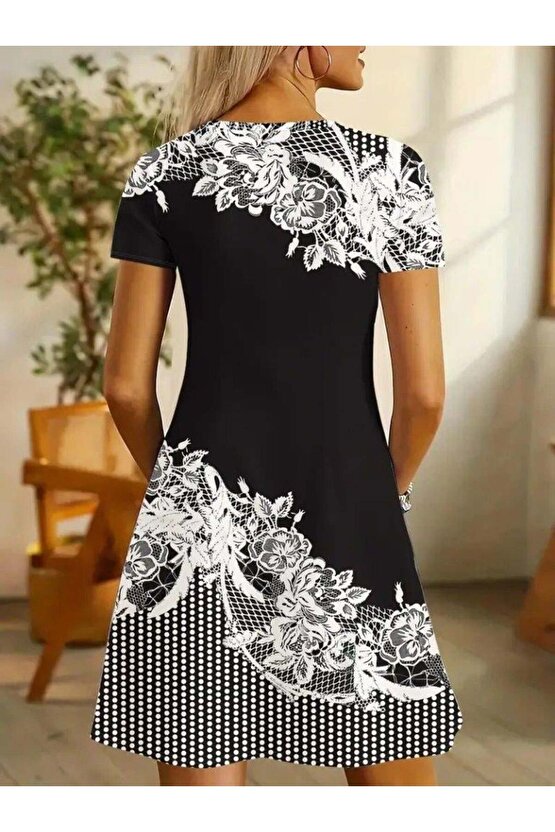 Kadın Kısa Kollu V Yakalı çiçek Baskılı Süprem Elbise