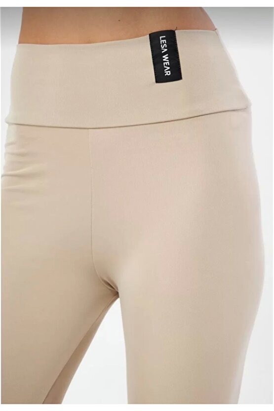 Kışlık Yüksek Bel Toparlayicı Ve Sıkılaştırıcı Likralı Şardonlu Tayt Bej