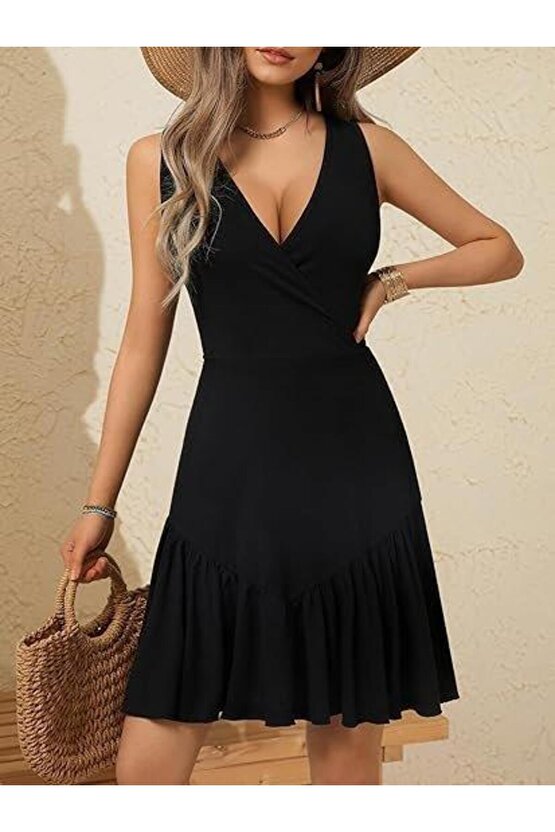 Kadın Askılı Kruvaze Yakalı Fırfırlı Janjan Krep Elbise