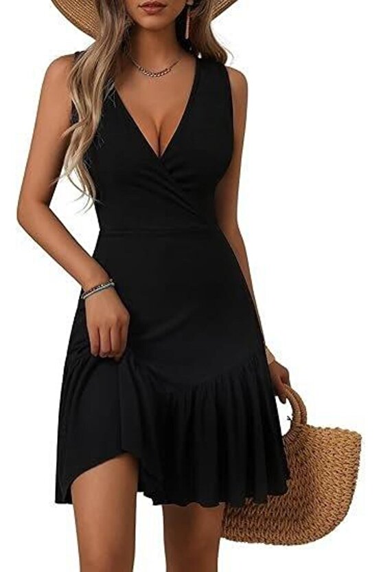 Kadın Askılı Kruvaze Yakalı Fırfırlı Janjan Krep Elbise