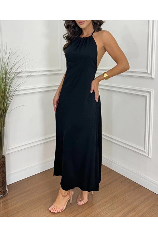 MDB Kadın Boyundan Askılı Halter Kollu Viskon Elbise