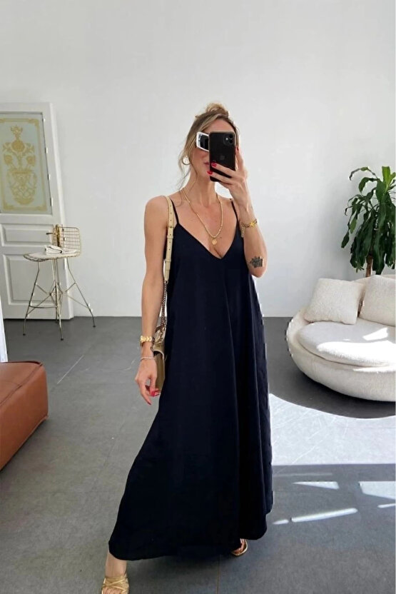 MDB Kadın Ip Askılı V Yakalı Uzun Aerobin Elbise