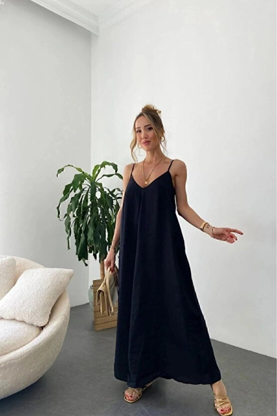 MDB Kadın Ip Askılı V Yakalı Uzun Aerobin Elbise