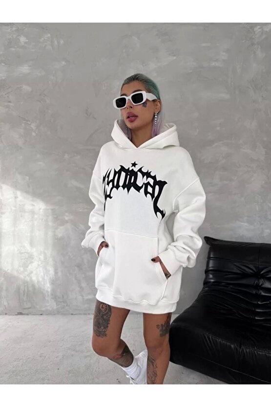 Unisex Üç İplik Kapüşonlu Baskılı SweatShirt - Beyaz