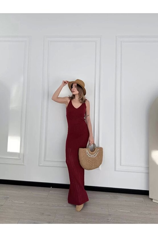 Örgülü Uzun Triko Elbise - Bordo