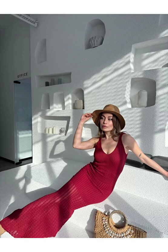 Örgülü Uzun Triko Elbise - Bordo