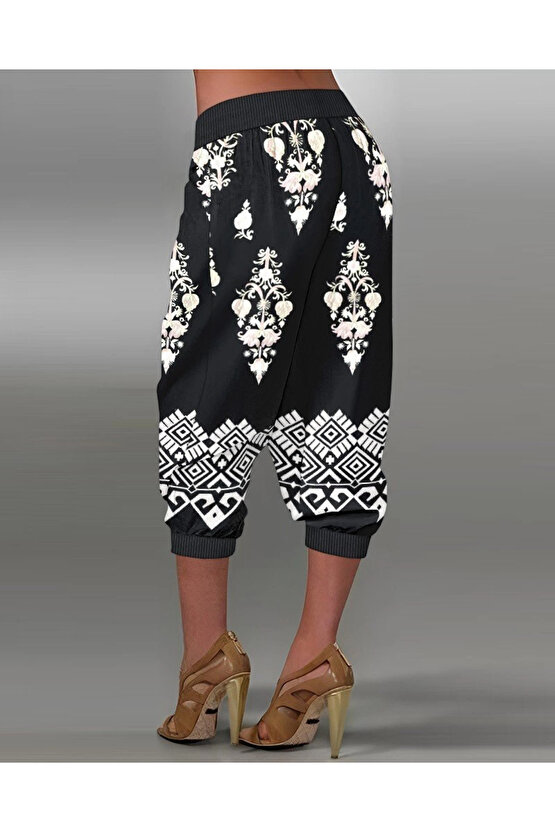 Kadın Beli Lastikli Etnik Desenli Kapri Süprem Pantolon