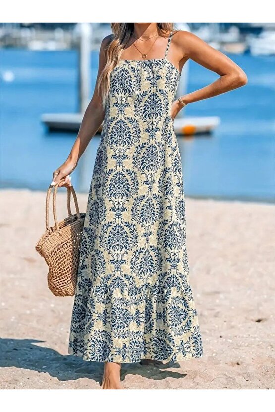 eyesof Kadın Ip Askılı Desenli Fırfırlı Süprem Elbise