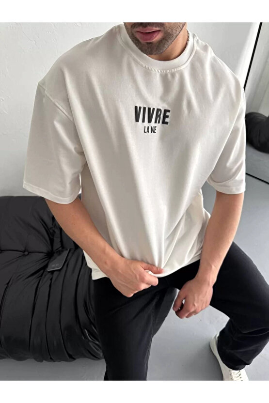 Baskılı Oversize Bisiklet Yaka T-shirt - Beyaz