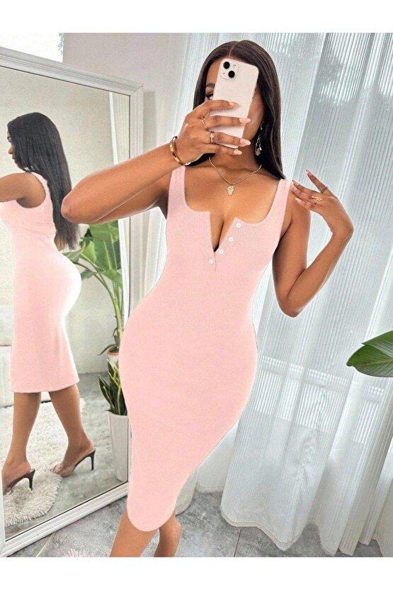 Kadın Askılı önü Düğmeli Midi Kaşkorse Elbise