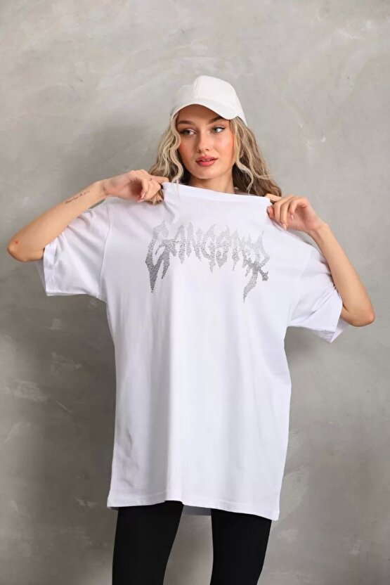 Unisex Taş Desenli Oversize T-Shirt - Beyaz