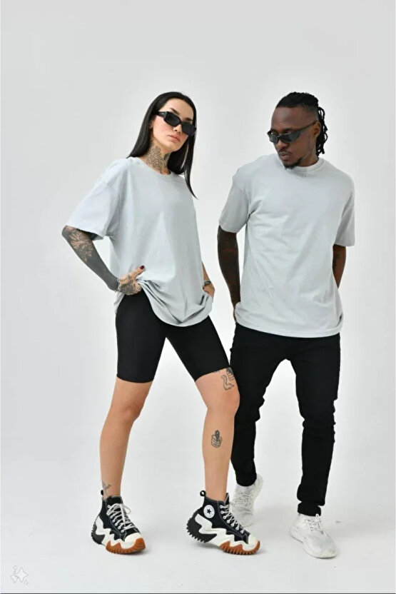 eyesof Unisex Basic Bisiklet Yaka Oversize T-Shirt - Boyalı Gri